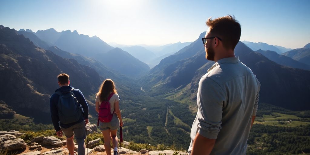 Couple hiking with scenic mountain landscape.