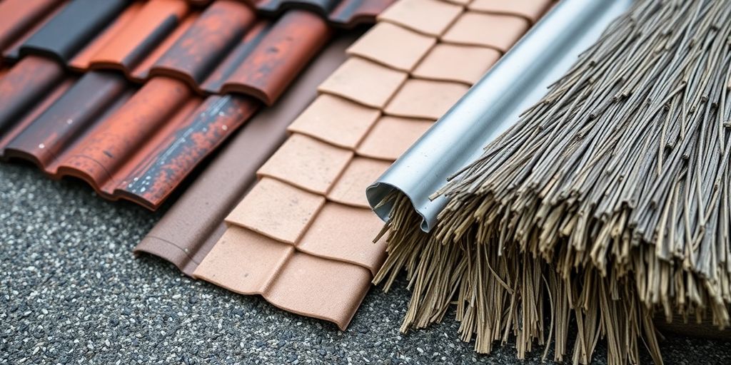 Vijf verschillende dakbedekkingsmaterialen voor woningrenovatie.