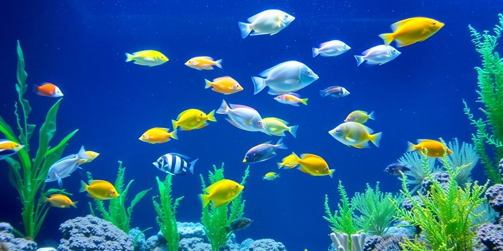 Colorful marine fish in a lush aquarium setting.