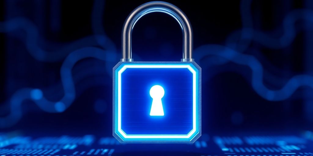Digital padlock, glowing, protecting personal data.