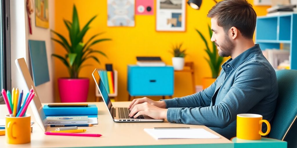 Freelancer working at a cozy and colorful workspace.