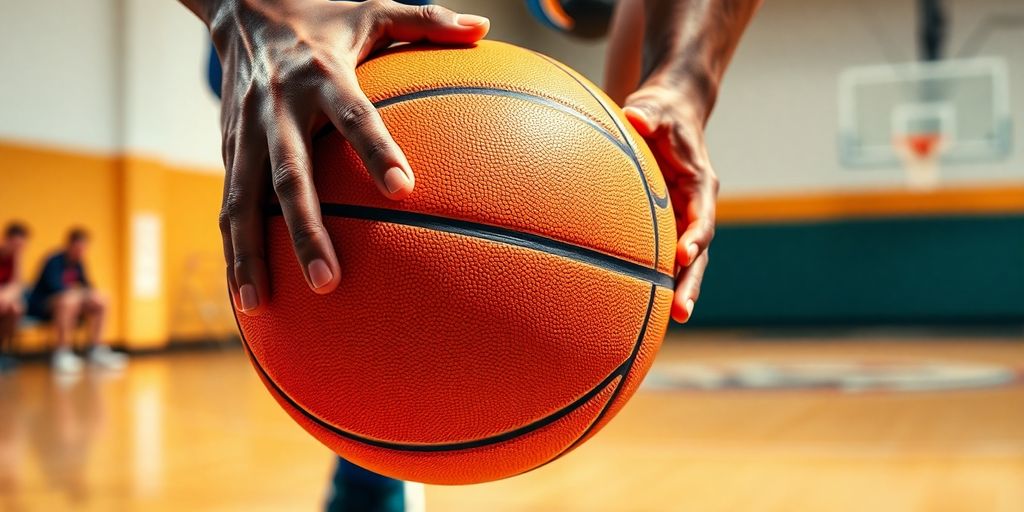 Basketball player dribbling, blurred court background.