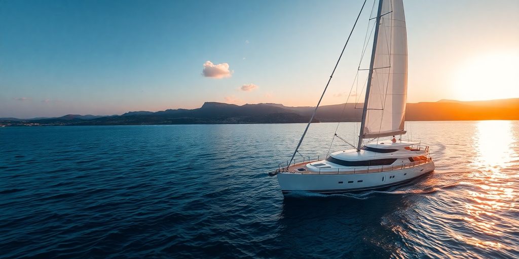 Sailboat on calm Mediterranean waters at sunset