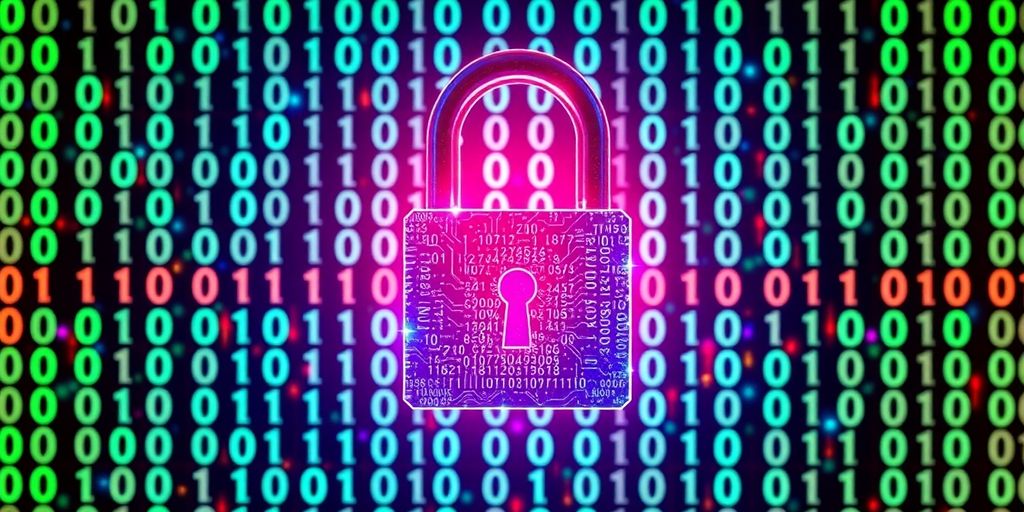 Digital lock and binary code background representing cyber security.