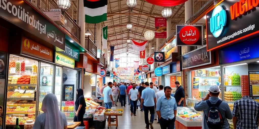 Colorful marketplace in the UAE with various businesses for sale.