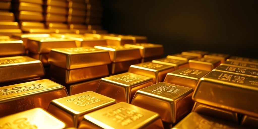 Lingots d'or empilés dans un coffre-fort de banque.