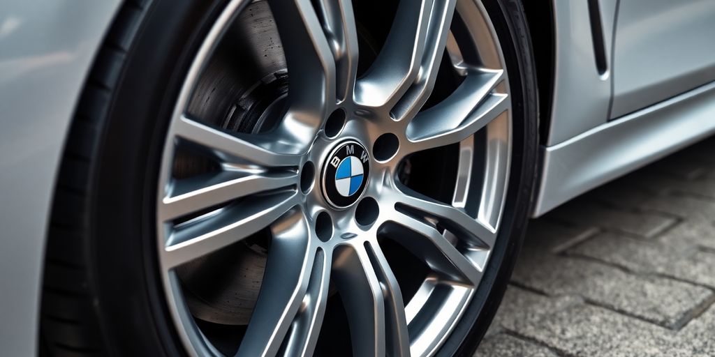 Close-up of a gleaming BMW M Sport wheel and tire.