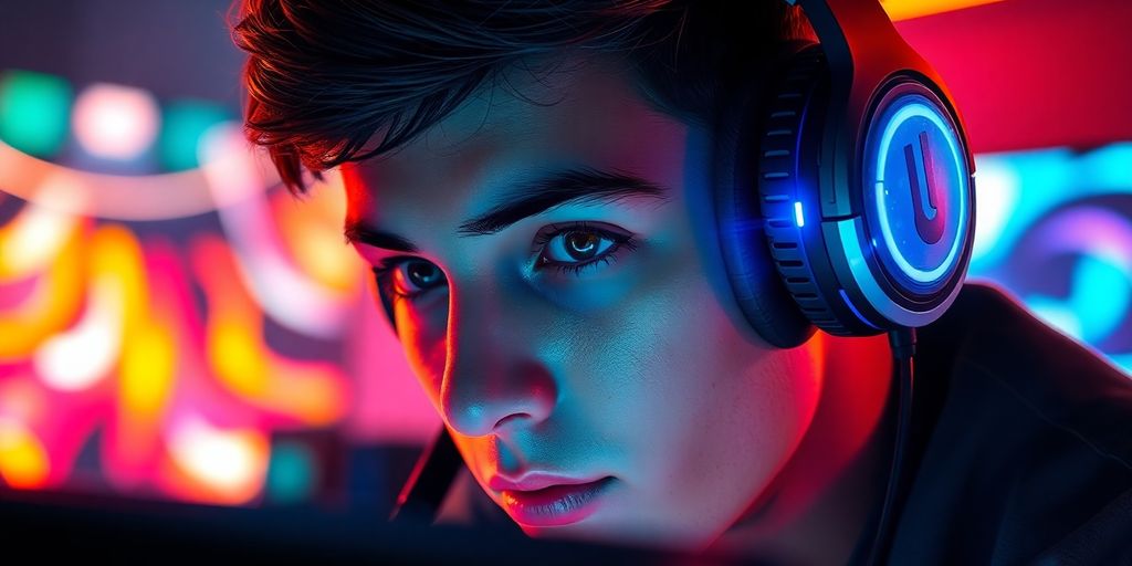 Gamer at computer, vibrant lights, focused expression.