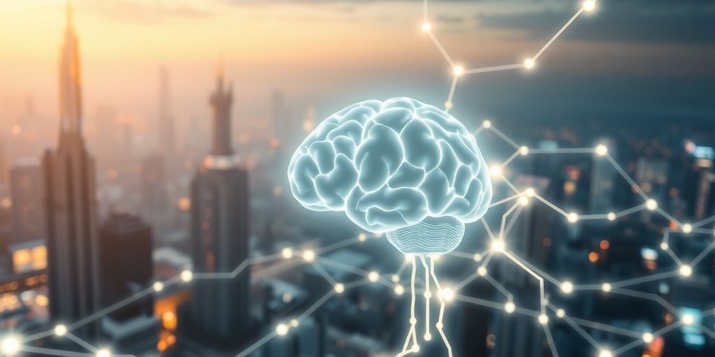 Glowing neural network, human brain outline, digital city background.