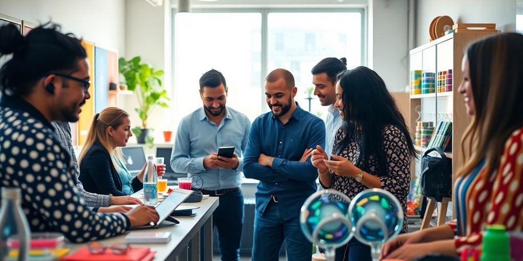 Diverse entrepreneurs collaborating in a modern workspace.