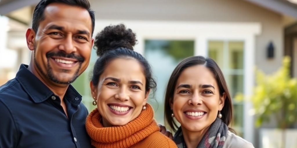 Couple smiling with mortgage broker, new home.