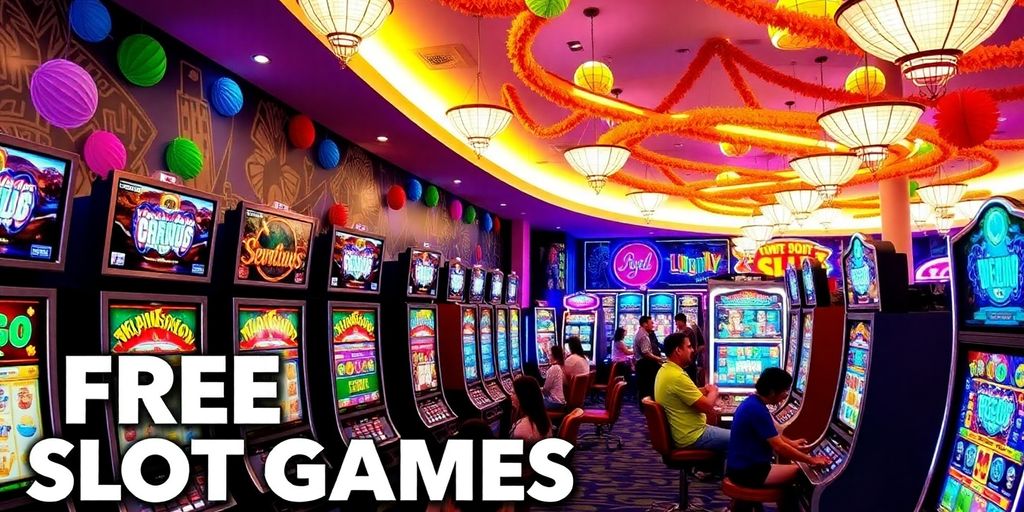 Colorful casino scene with people playing slot machines.
