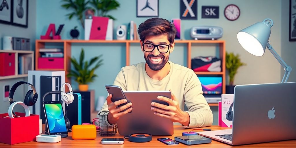 Person kauft Elektronikprodukte online in einem modernen Raum.