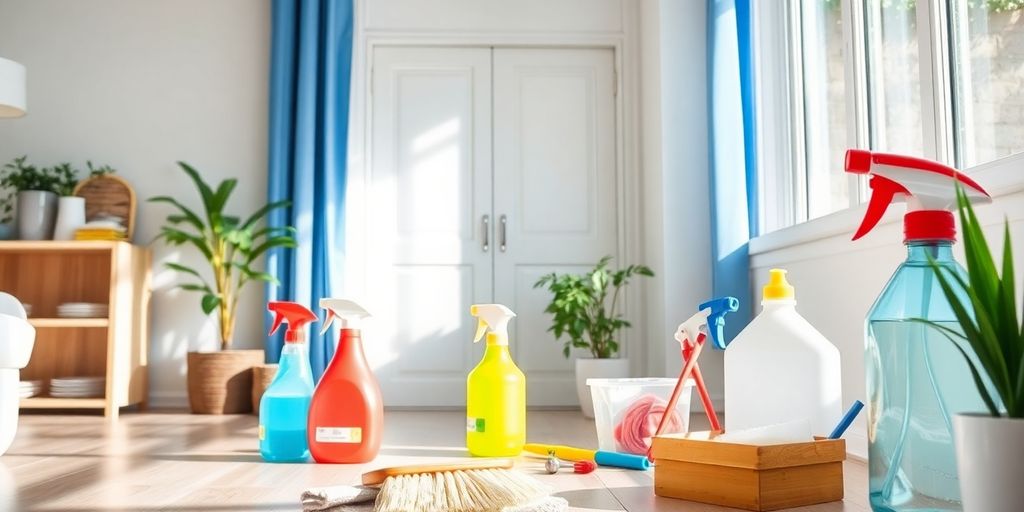 Mold cleaning supplies in a bright home setting.