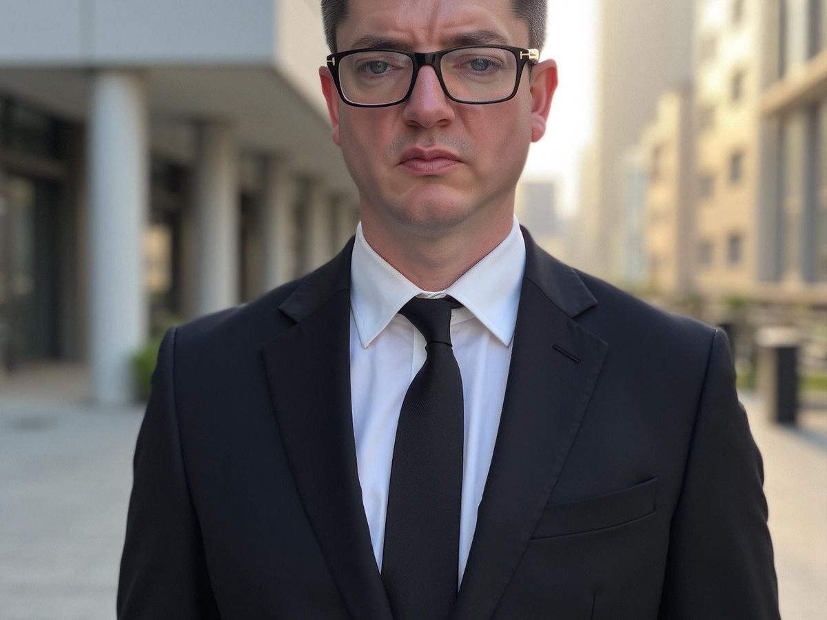 A person in a formal suit stands confidently in an urban setting.