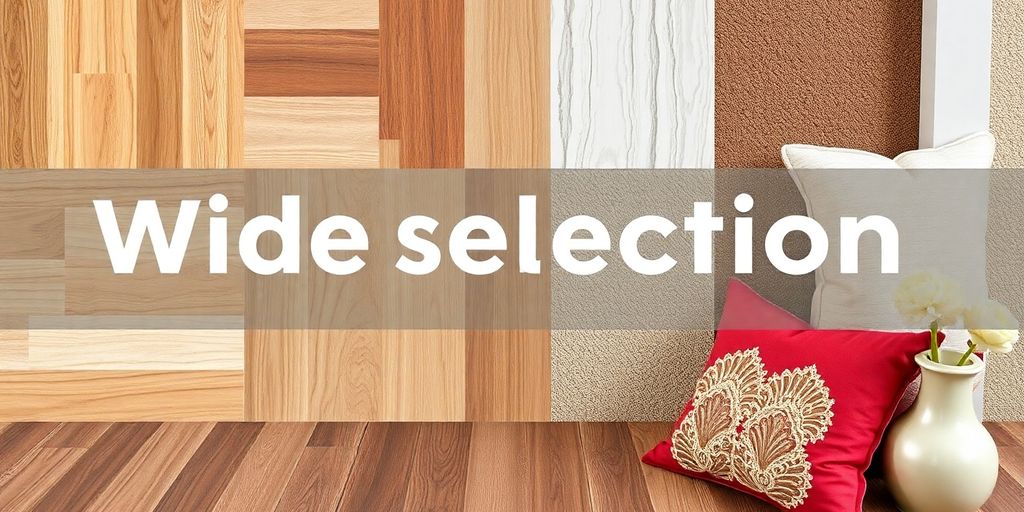 Diverse flooring samples and home decor items arranged artistically.