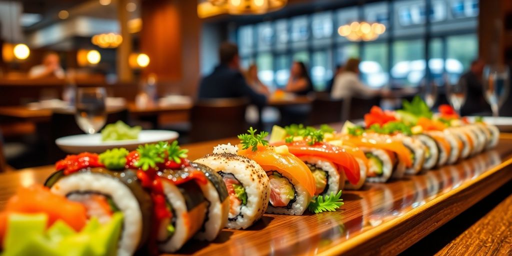 Plated sushi, restaurant backdrop
