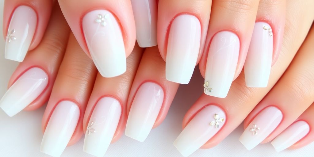 Unhas decoradas em cores claras e designs delicados.