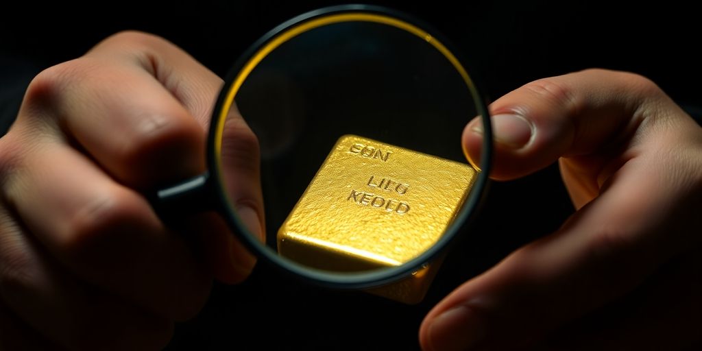 Main tenant une loupe examinant un lingot d'or