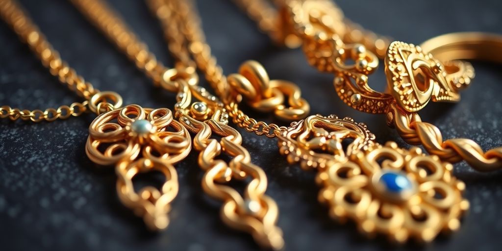 Bijoux en or fabriqués à la main en gros plan.