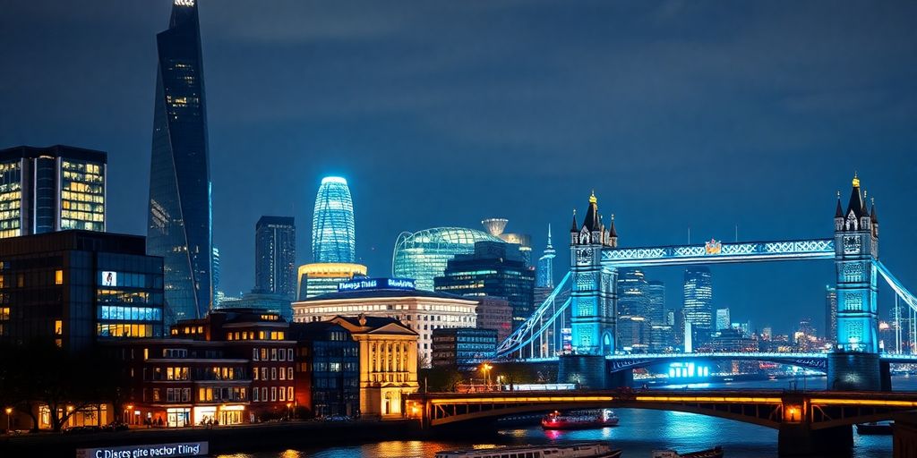 London cityscape with digital marketing elements.