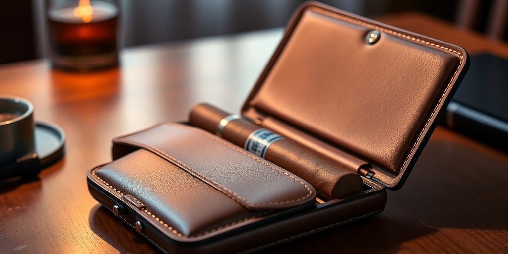 Leather cigar case with cigars on a table.