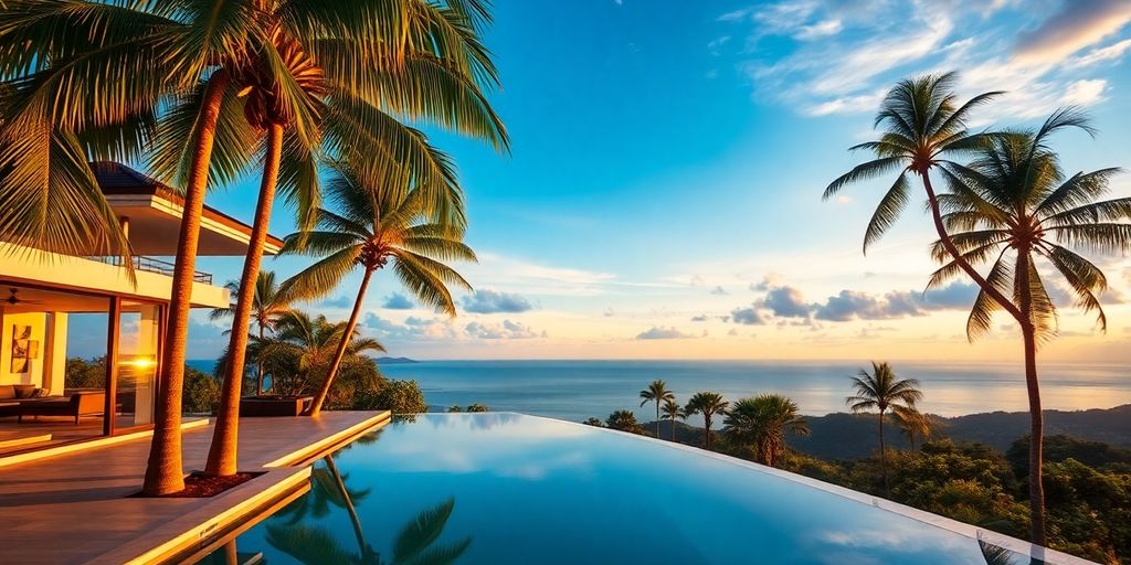 Tropical Phuket villa, sunset.