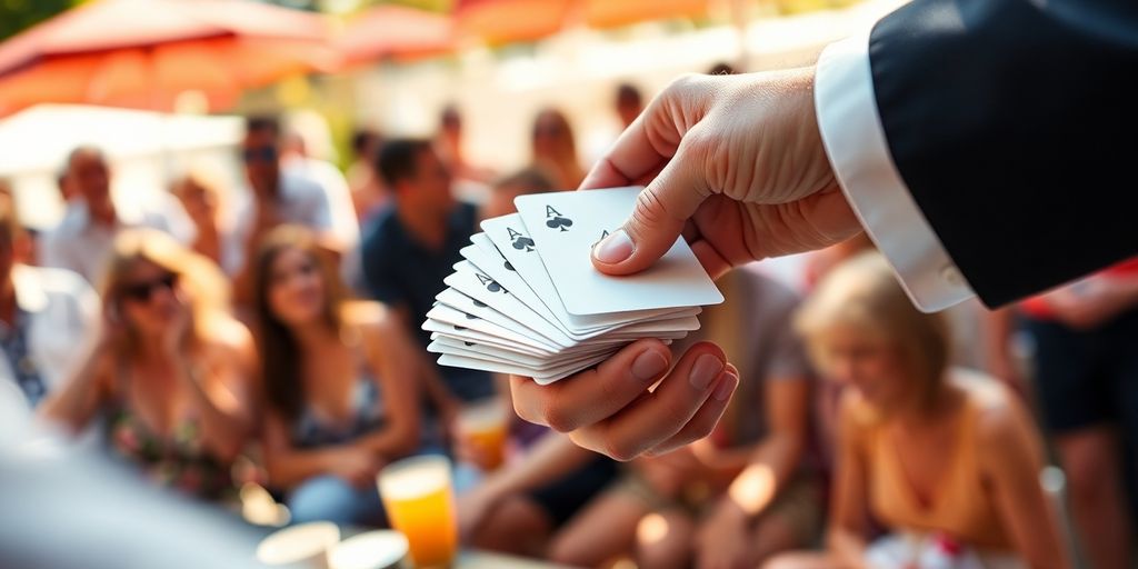 Magician performing close-up magic outdoors in summer.