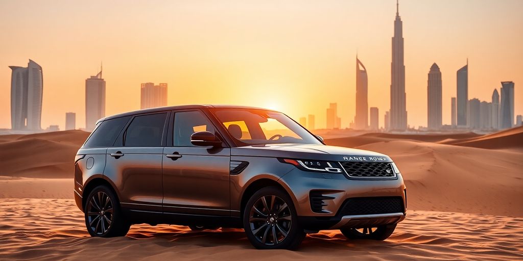 Luxury Range Rover, desert dunes, Dubai skyline, sunset glow.