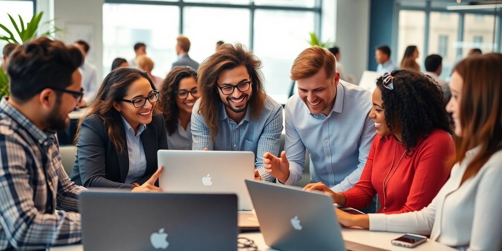 Diverse team collaborating in a modern office setting.