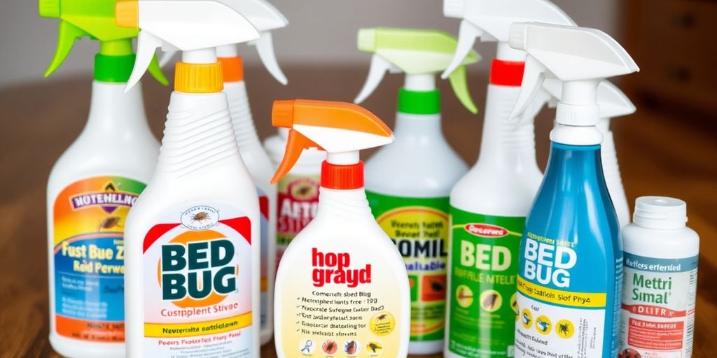 Assorted bed bug spray bottles on a wooden surface.