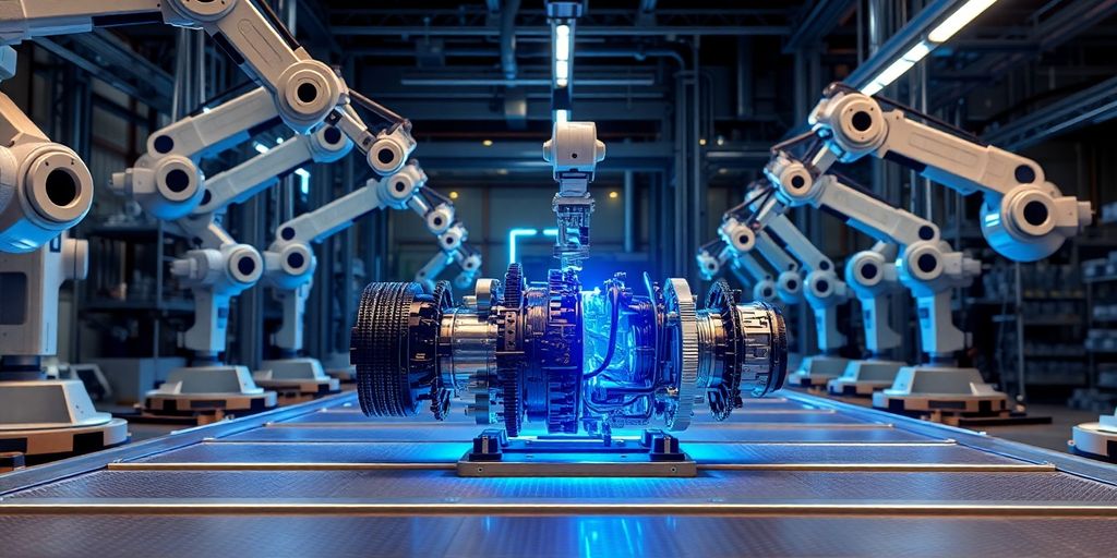 Robotic arms assembling complex machinery with glowing blue accents.