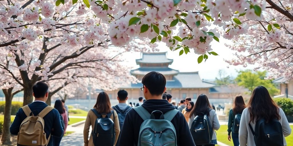 Student studies in South Korea, historic building.