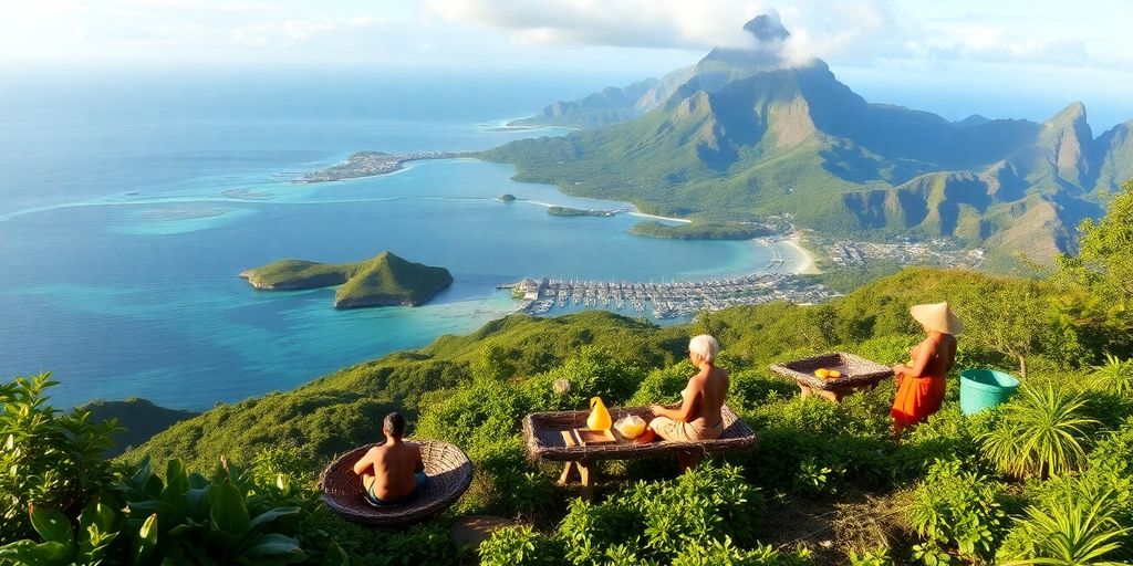 Lush landscapes and clear waters of Tahiti and Bora Bora.
