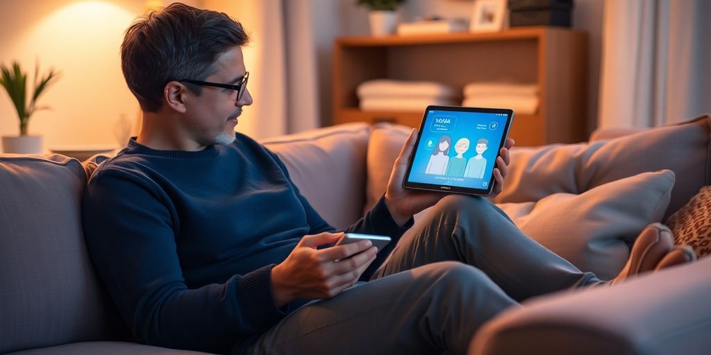 Person interacting with virtual companion on digital device.