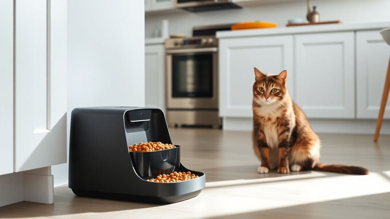 Cat beside modern smart wet food feeder in kitchen