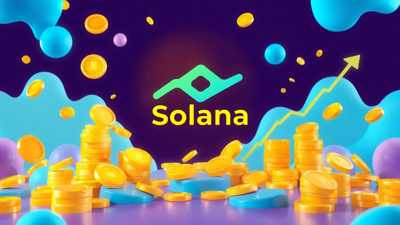 Solana logo with coins and growth.