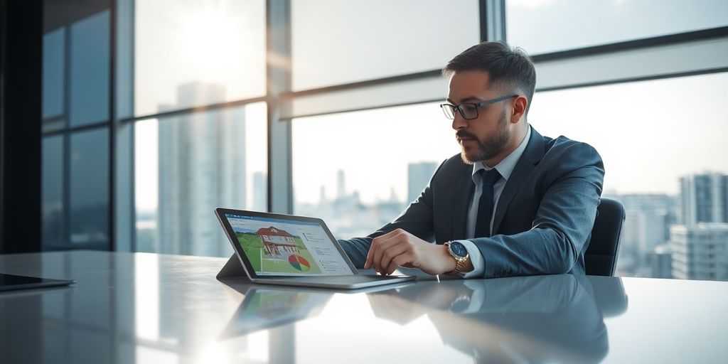 Vastgoedprofessional bekijkt woninginformatie op tablet.