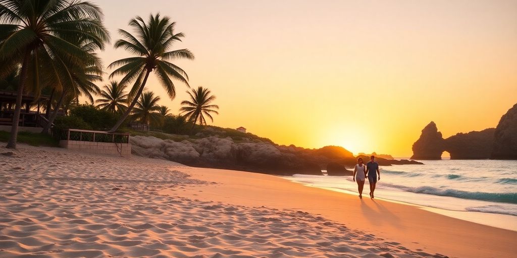 Couple walking on the beach at sunset in Cabo.