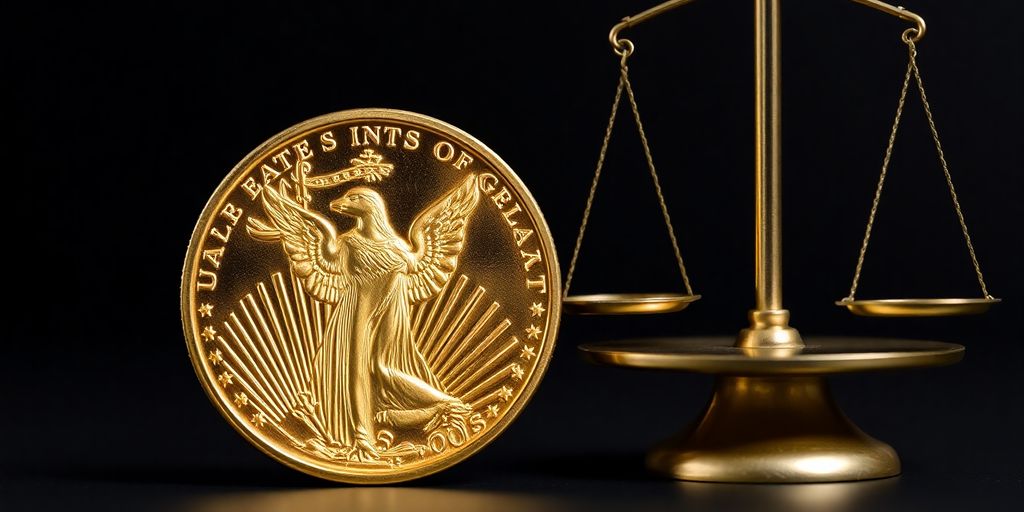 Une pièce d'or de 10 dollars américains à côté d'une balance.