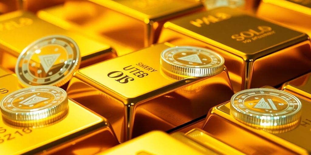 Lingots d'or brillants et jetons numériques.