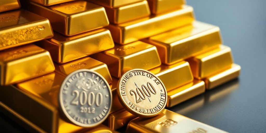 Lingots d'or scintillants empilés près d'une pièce de monnaie de l'an 2000.