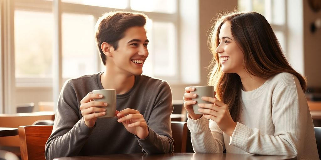 Two friends share coffee at sunlit café, smiling, chatting warmly.