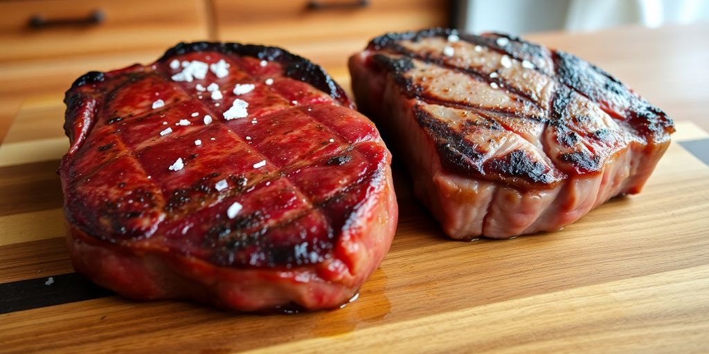 Two steaks, one dark red, one lighter, on wooden cutting board.