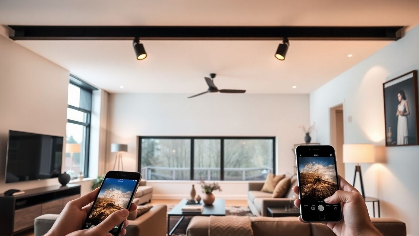 Smart spotlights illuminating modern living room with stylish furniture
