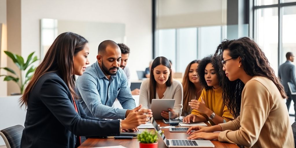 Diverse team discussing AI in a modern office.