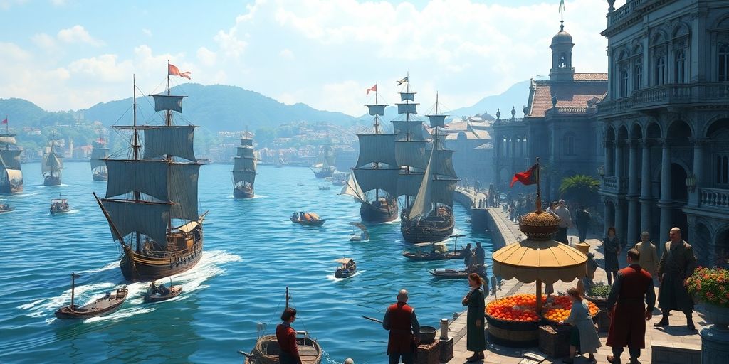 Handelsrouten in Anno 1404 mit Schiffen und Marktplatz