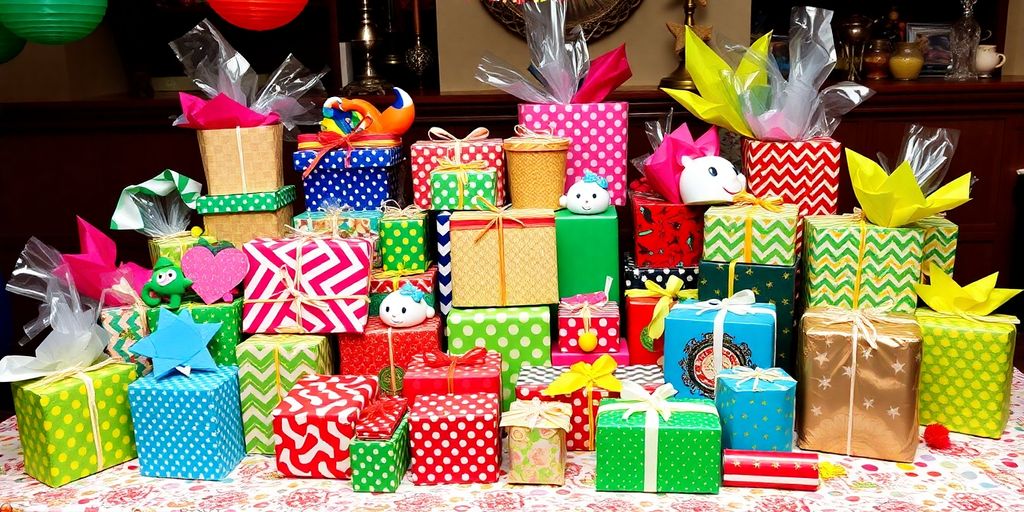 Colorful gifts for a festive white elephant party.