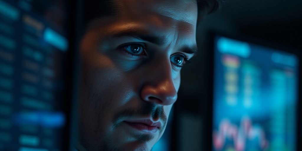 Trader at desk, focused expression