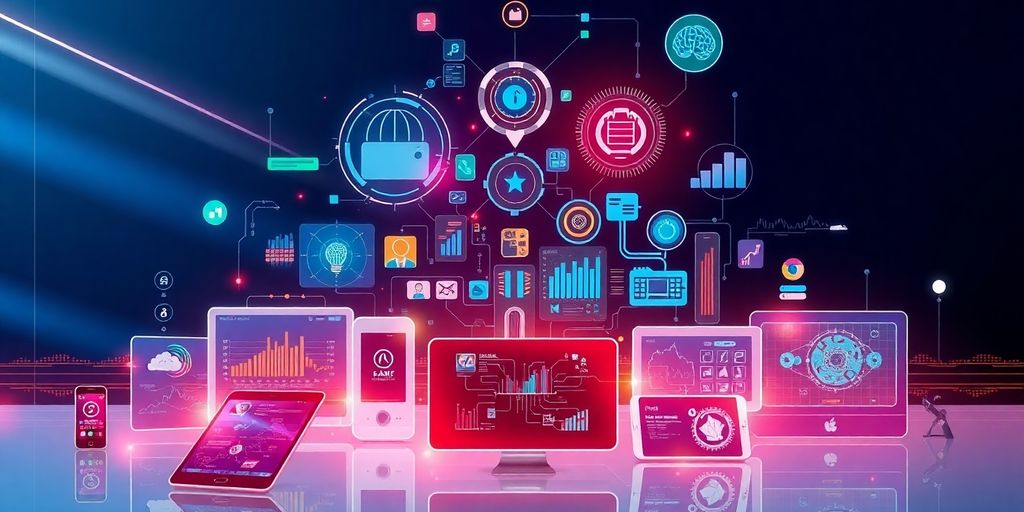 Collage of futuristic technology elements and smart devices.